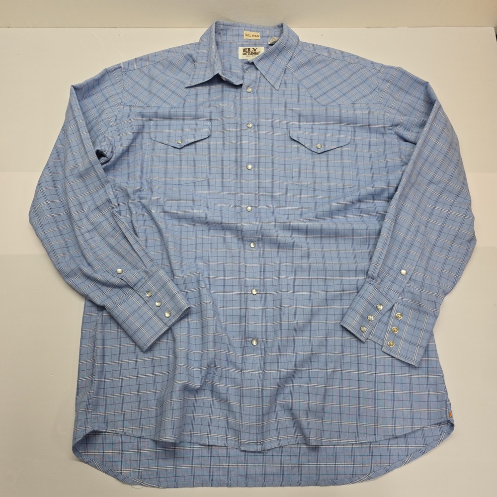 Ely Cattleman Mens Blue Plaid Western Pearl Snap Shirt Big and Tall 18 36